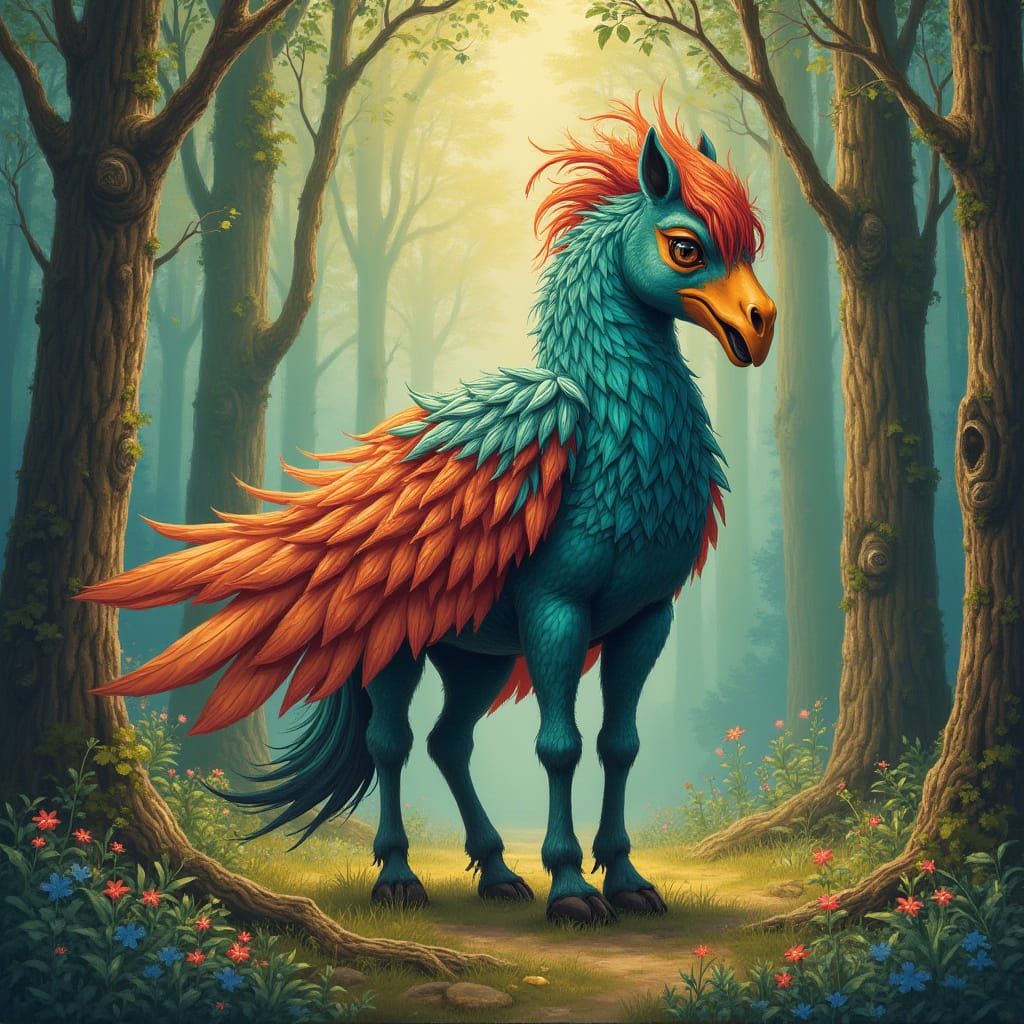 Mythical Horse-Bird Hybrid in Whimsical Forest Setting