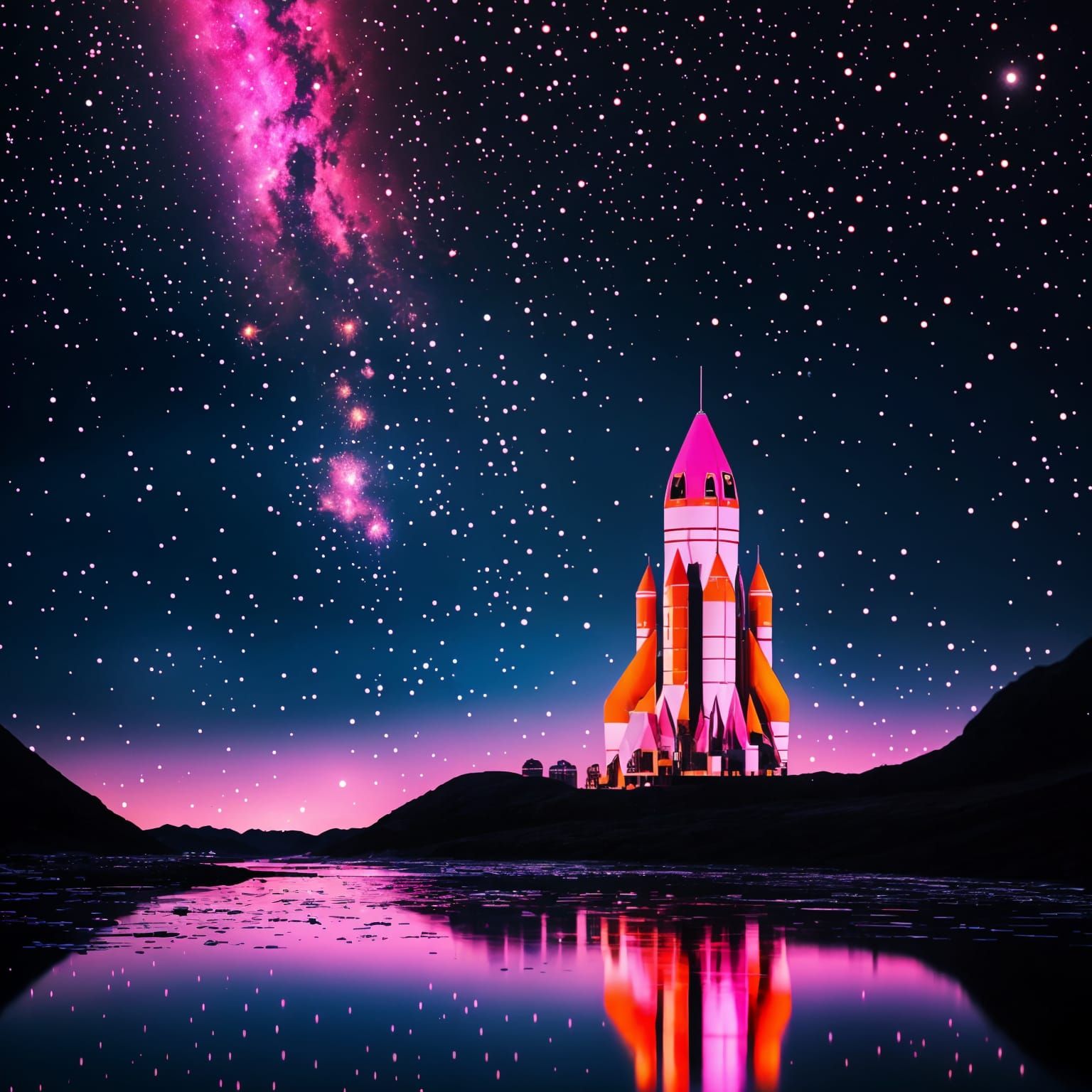 Neon Pink and Orange Space Rocket in Moonlight