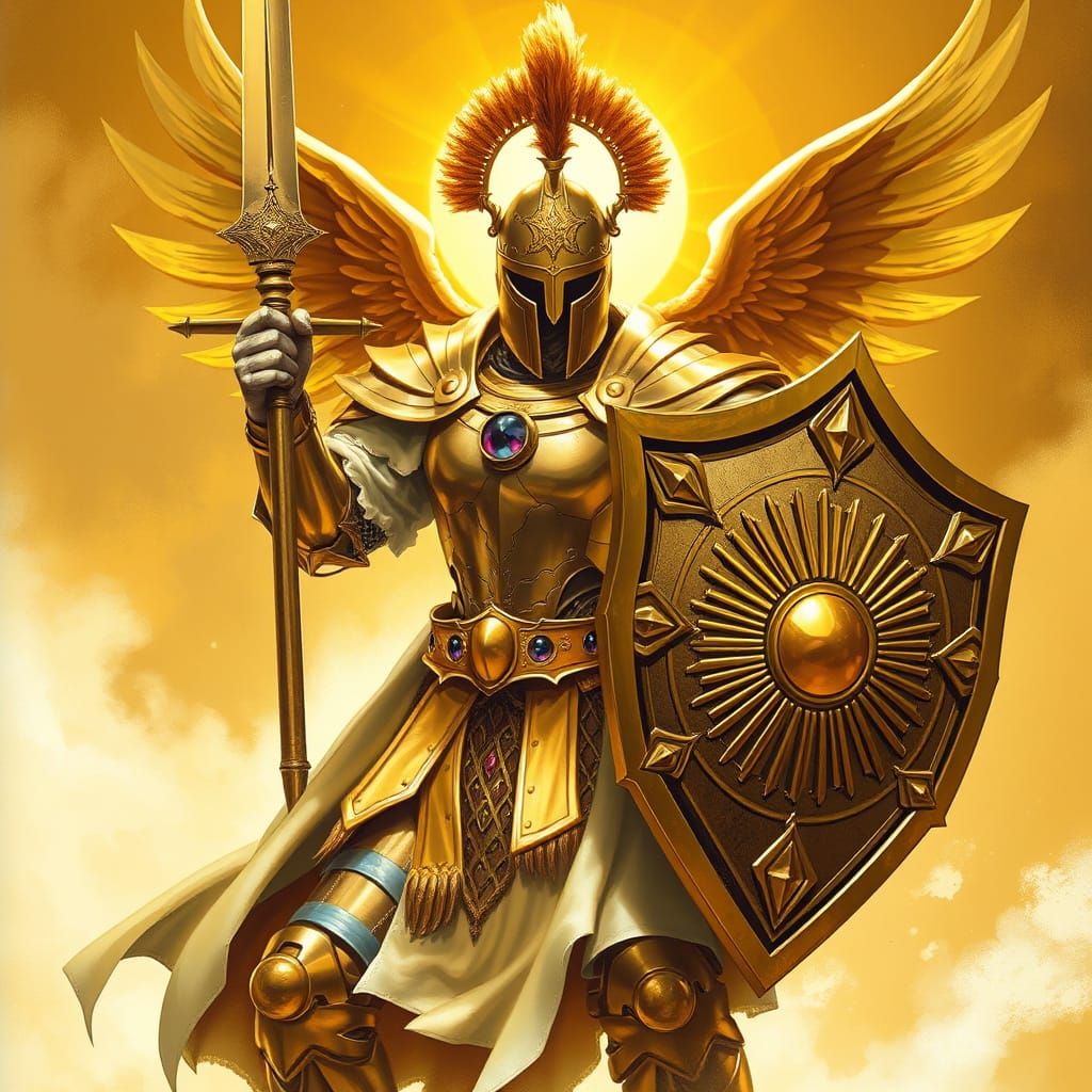 Golden Knight with Sword and Shield in Aura