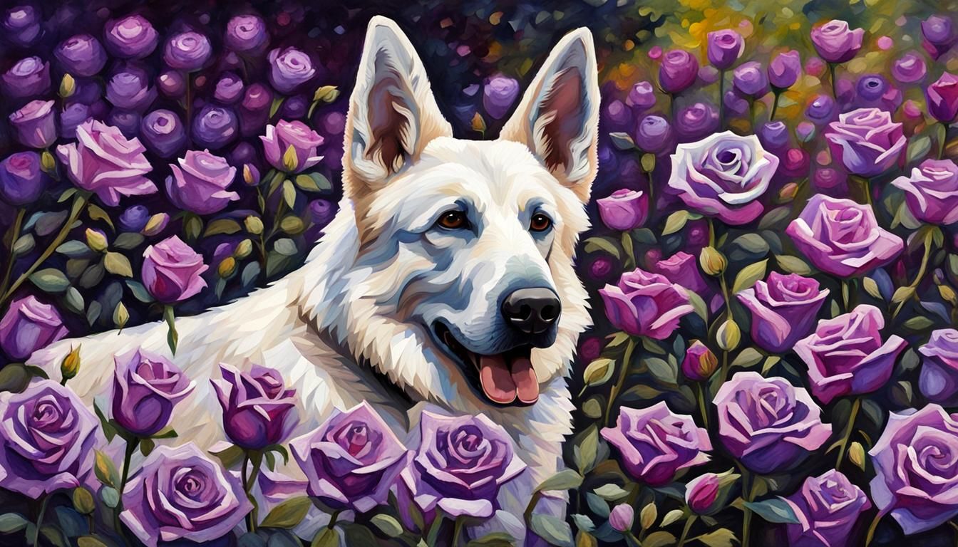 German Shepherd in Purple Roses: Gouache Impressionism