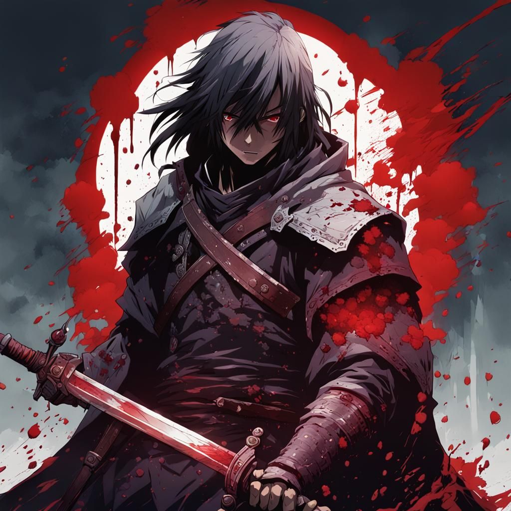 Anime Warrior with Bloodied Sword, Cel-Shaded Style