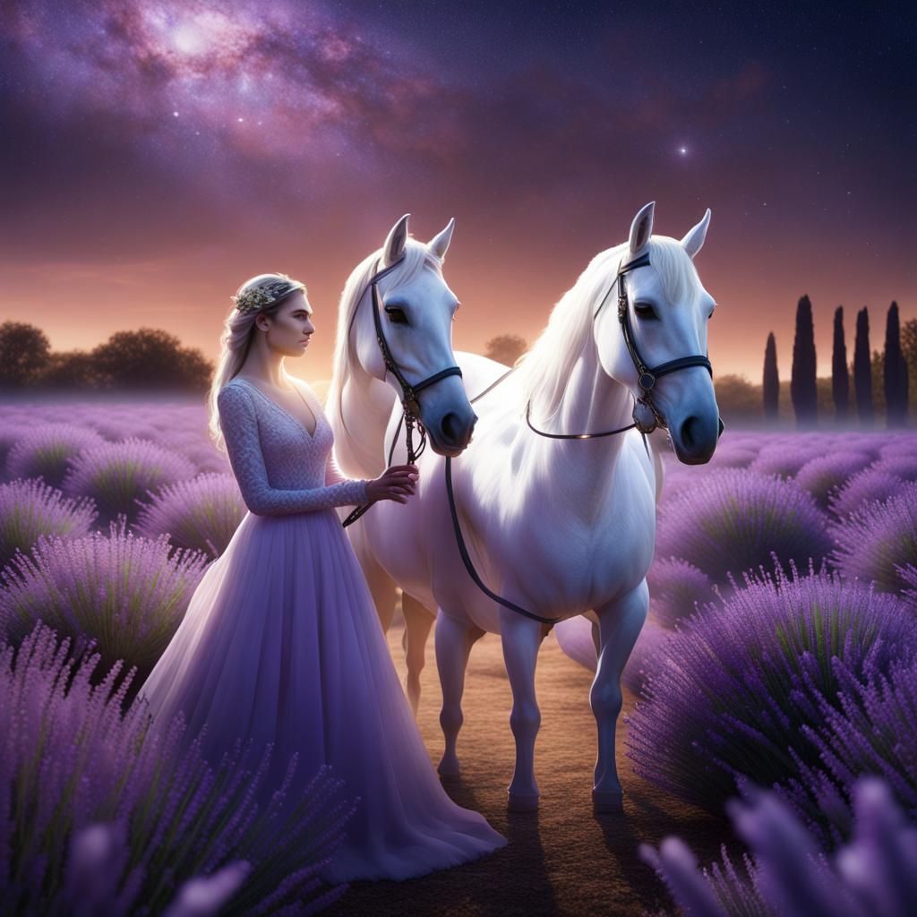 Couple with White Horse in Lavender Field