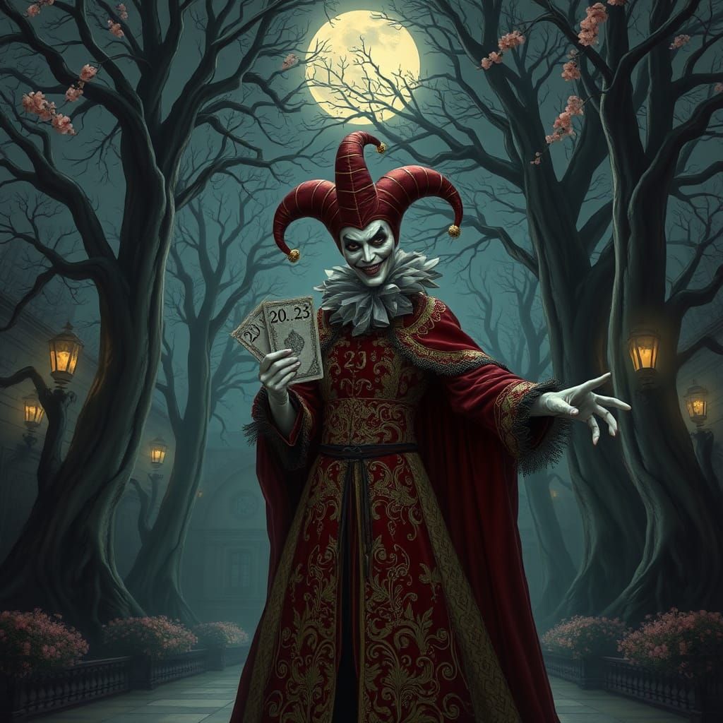 Jester Dancing in Moonlit Courtyard, Dark Whimsical Style