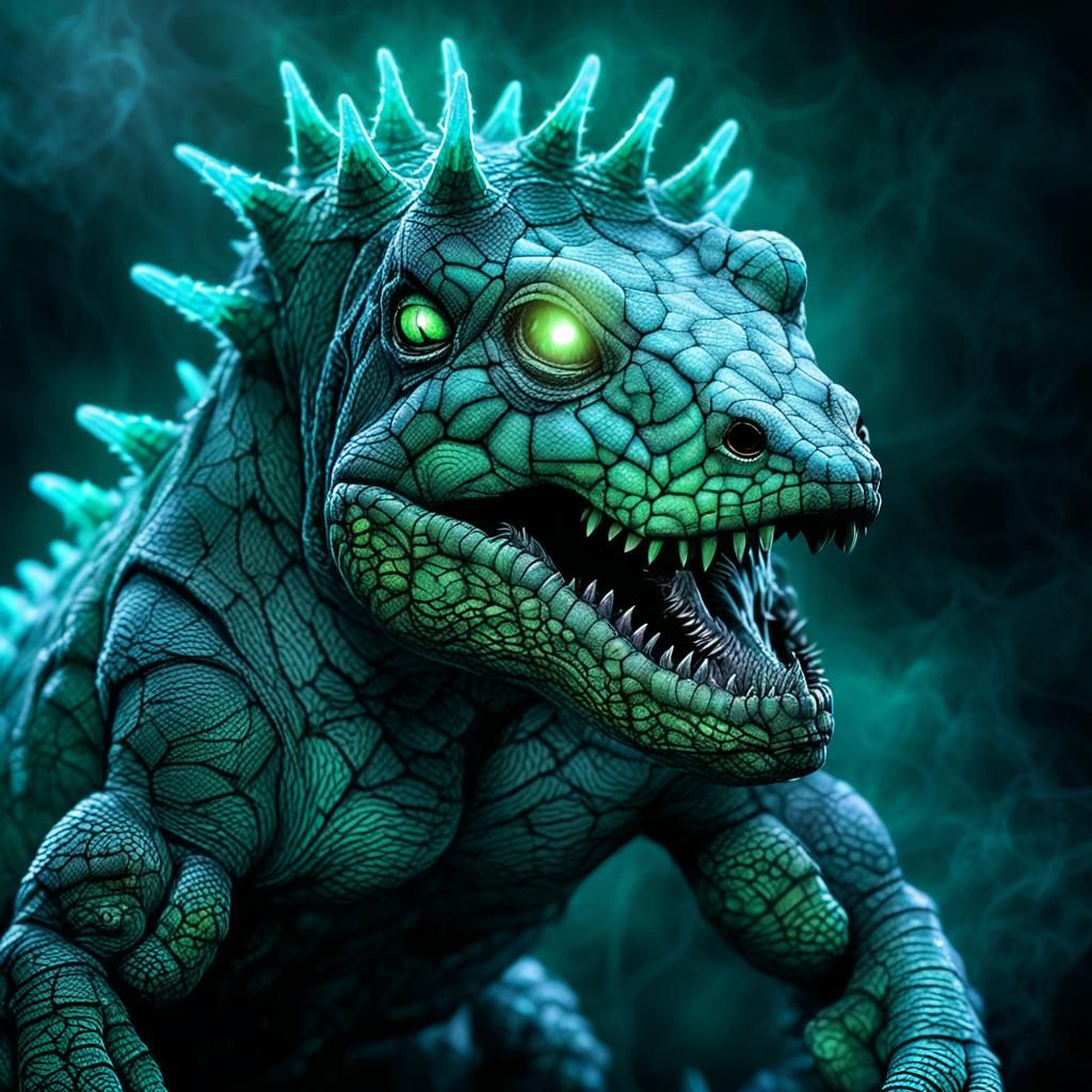 Crystalline Bioluminescent Reptile Emitting Toxic Mist
