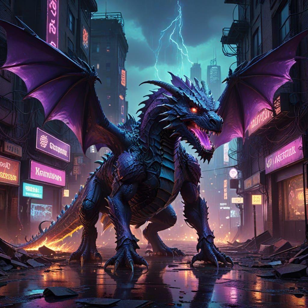 Spectral Dragon Guards Ruined Cyberpunk City in Digital Art