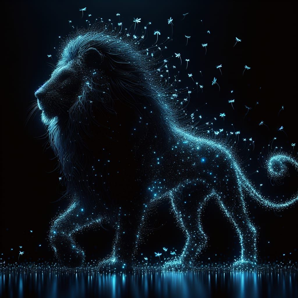 Blue Firefly Lion in Glitchcore Oscillation Art