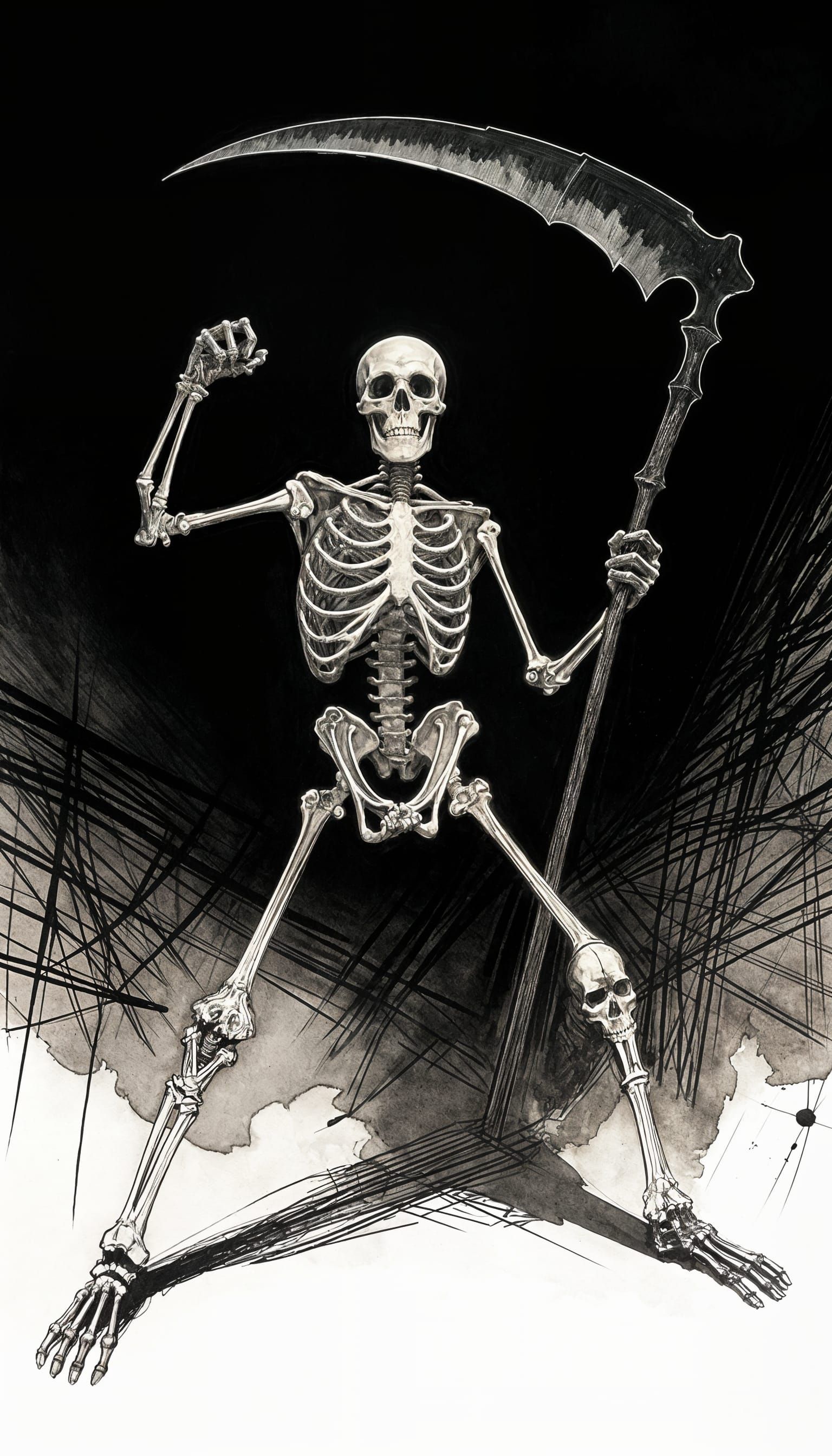 Skeleton Warrior in Grim Chiaroscuro Ink and Watercolor