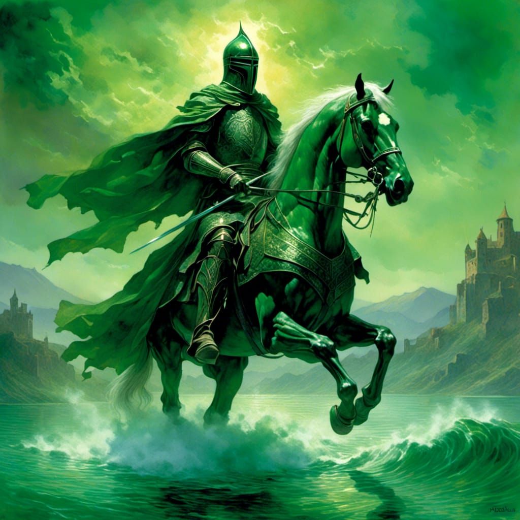 Ethereal Green Knight Emerges from Twilight Mist