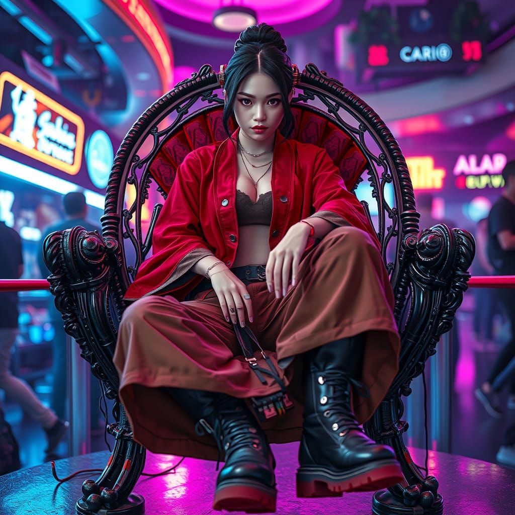 Cyberpunk Japanese Woman in Neon Nightclub, Ultrarealistic