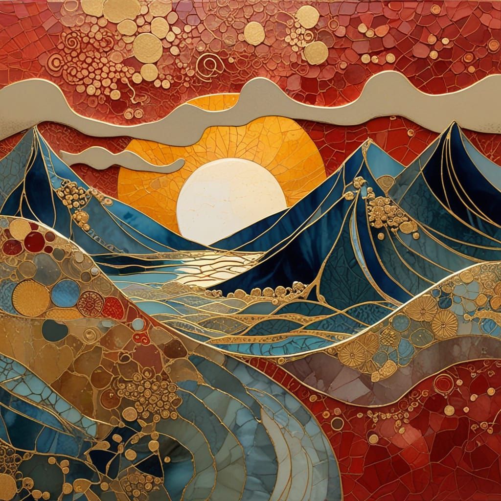 Ocean Sunset in Kintsugi Mosaic Impasto Style