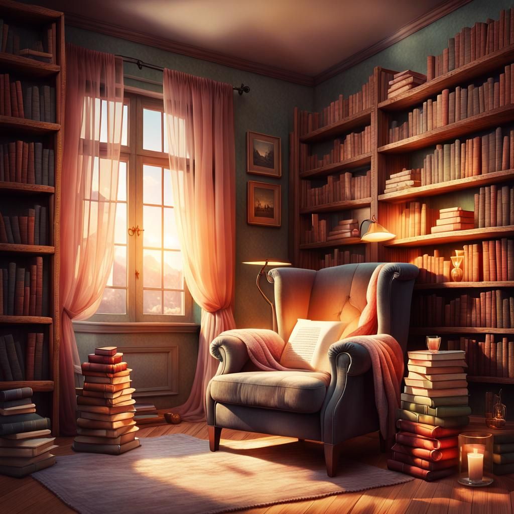 A cozy corner nook with a plush armchair and stack of books,...