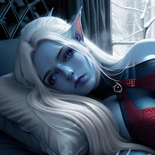 Demon Lich Wakes in Snowy Bedroom: Cinematic Still