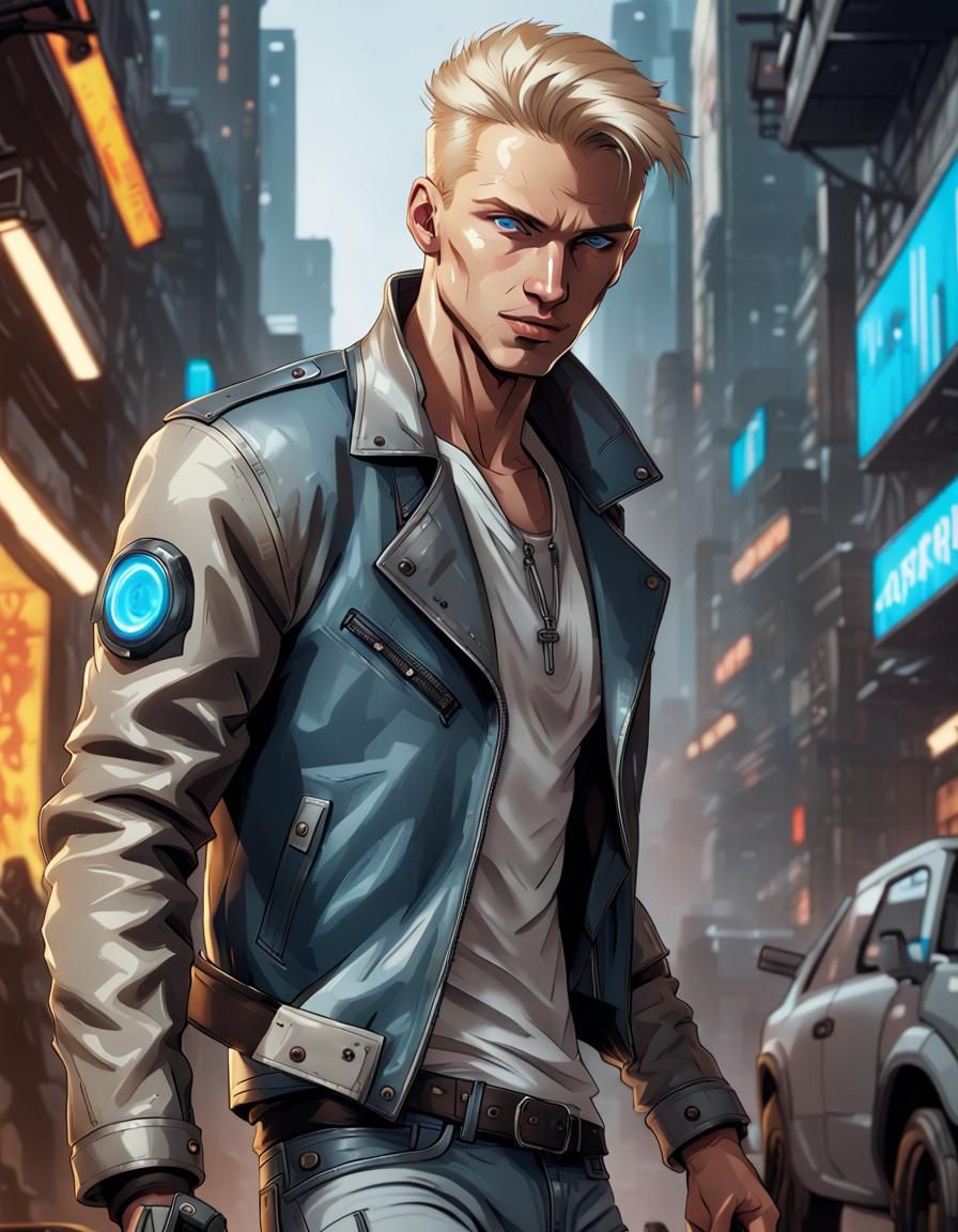 Handsome Blond Man in Cyberpunk Comic Style