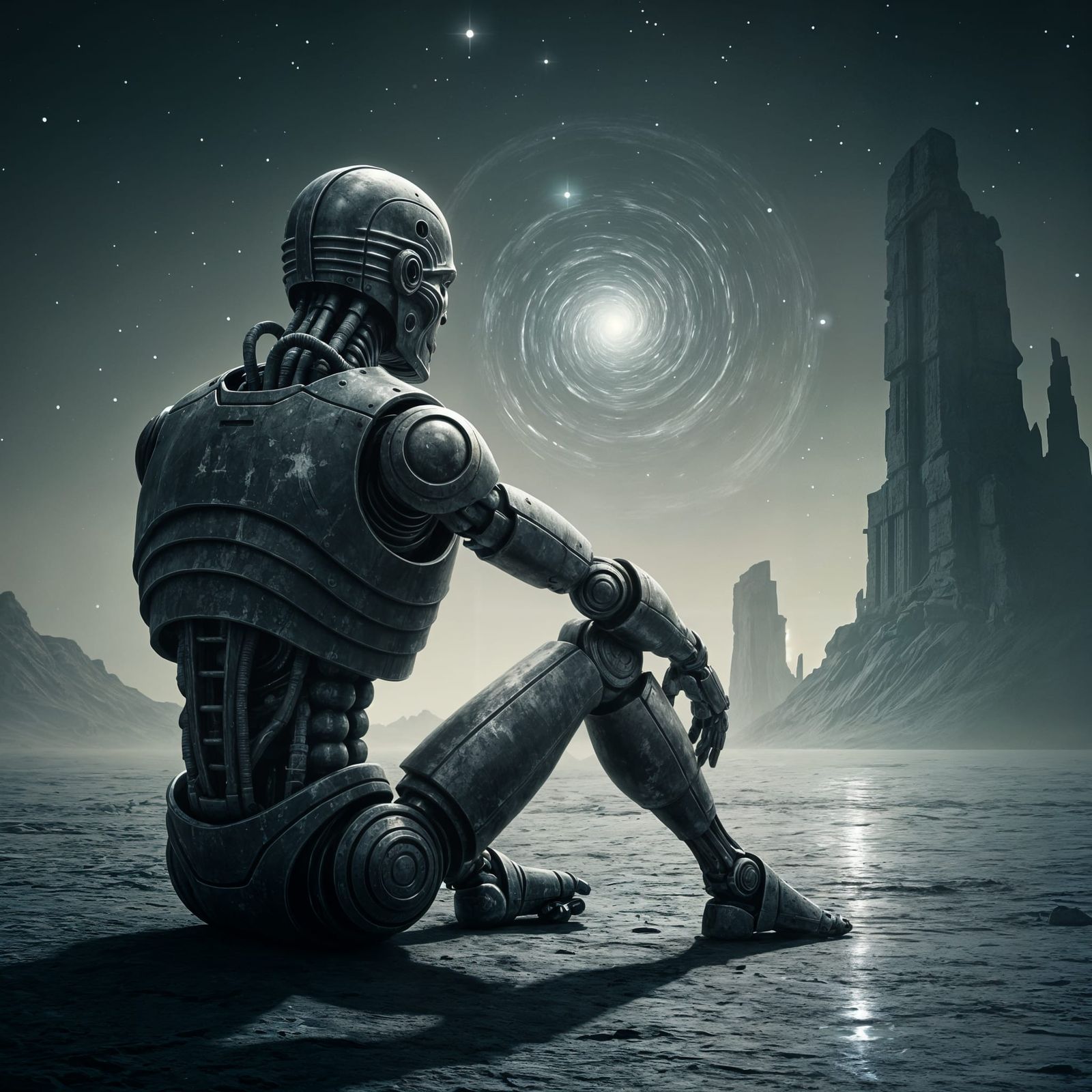 Robot Gazes at Nebula on Alien World