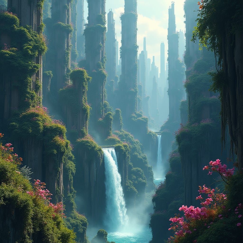 Futuristic Waterfalls Amid Ancient Skyscrapers in a Vibrant ...