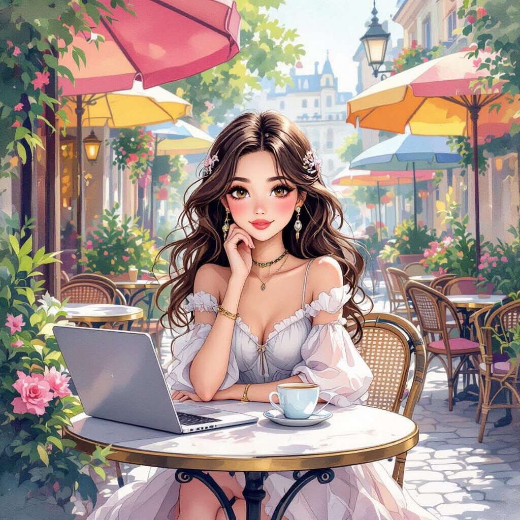 Whimsical Girl at Outdoor Cafe, Digital Watercolor Style