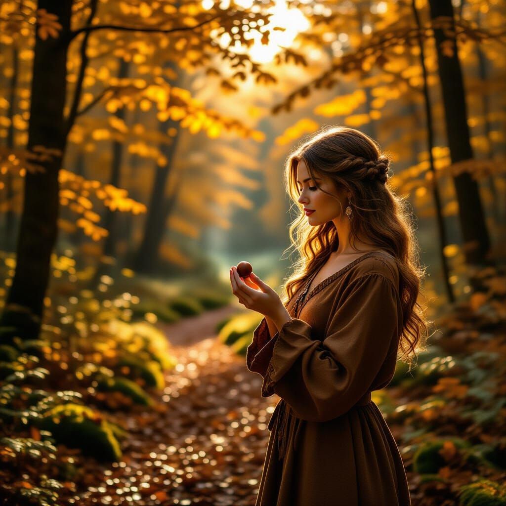 Contemplative Woman in Forest Clearing: Hyperrealistic Style