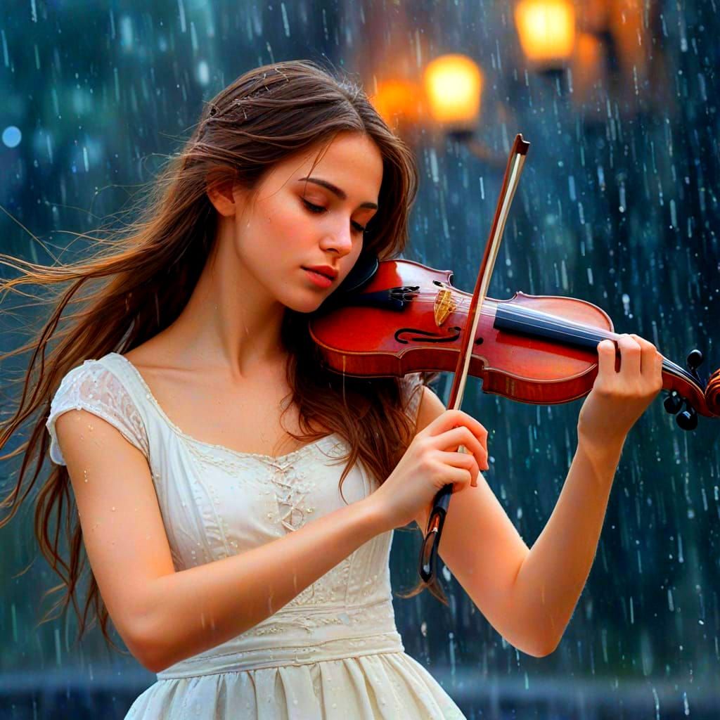 Whimsical Violinist in White Dress Under Rain