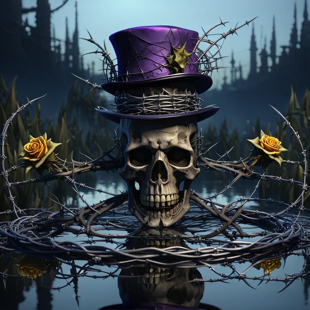 Skull with Top Hat in Dark Fantasy Lake