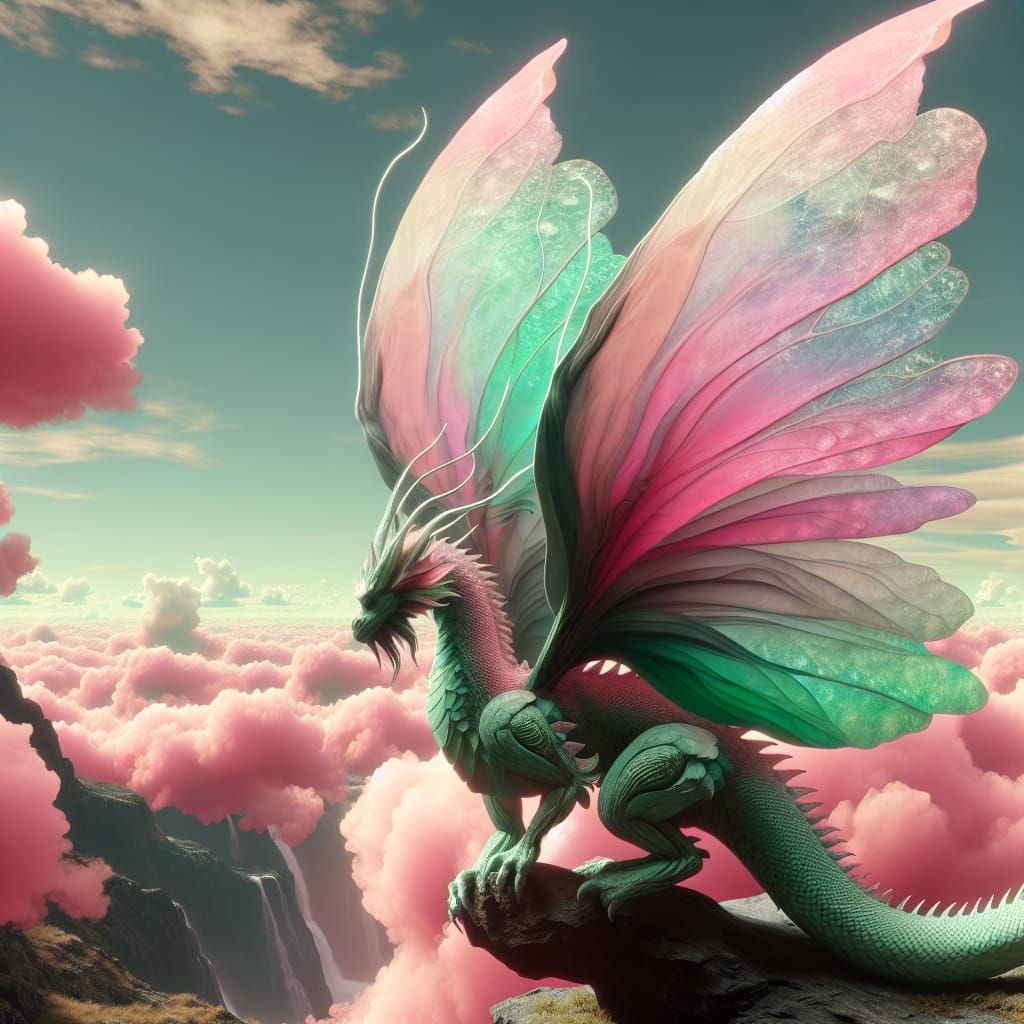 Pastel Dragon on a Rock with Pink and Green Sky