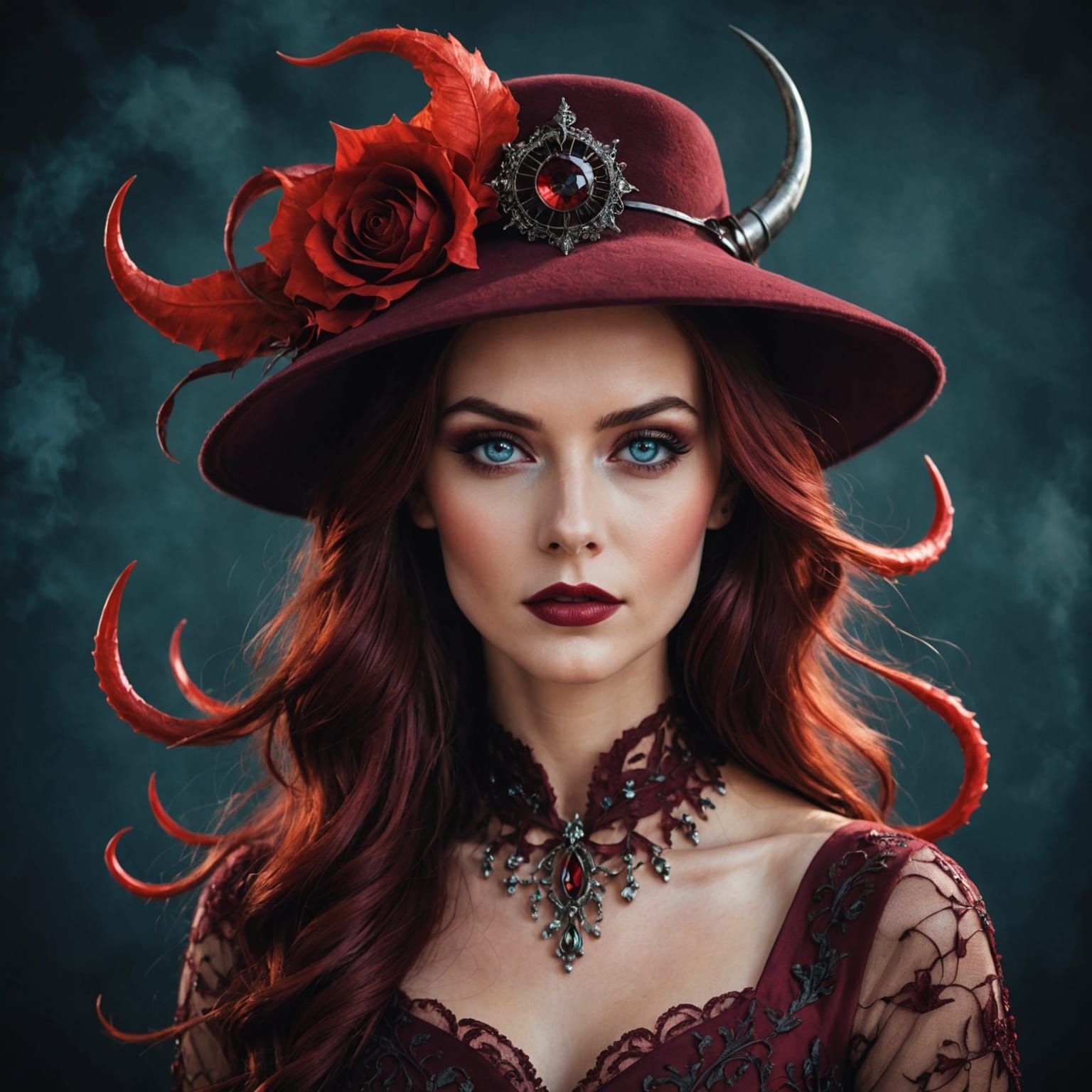 Seductive Lady Embodies Dark Fantasy with Red Devils