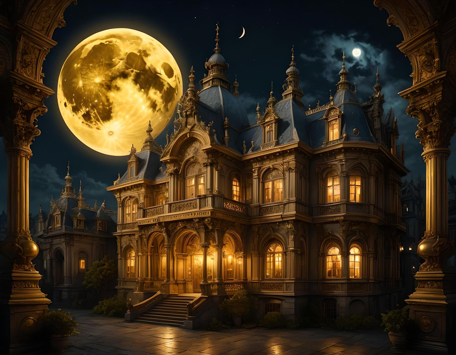 Moonlit Architecture in Asobi-e Digital Painting