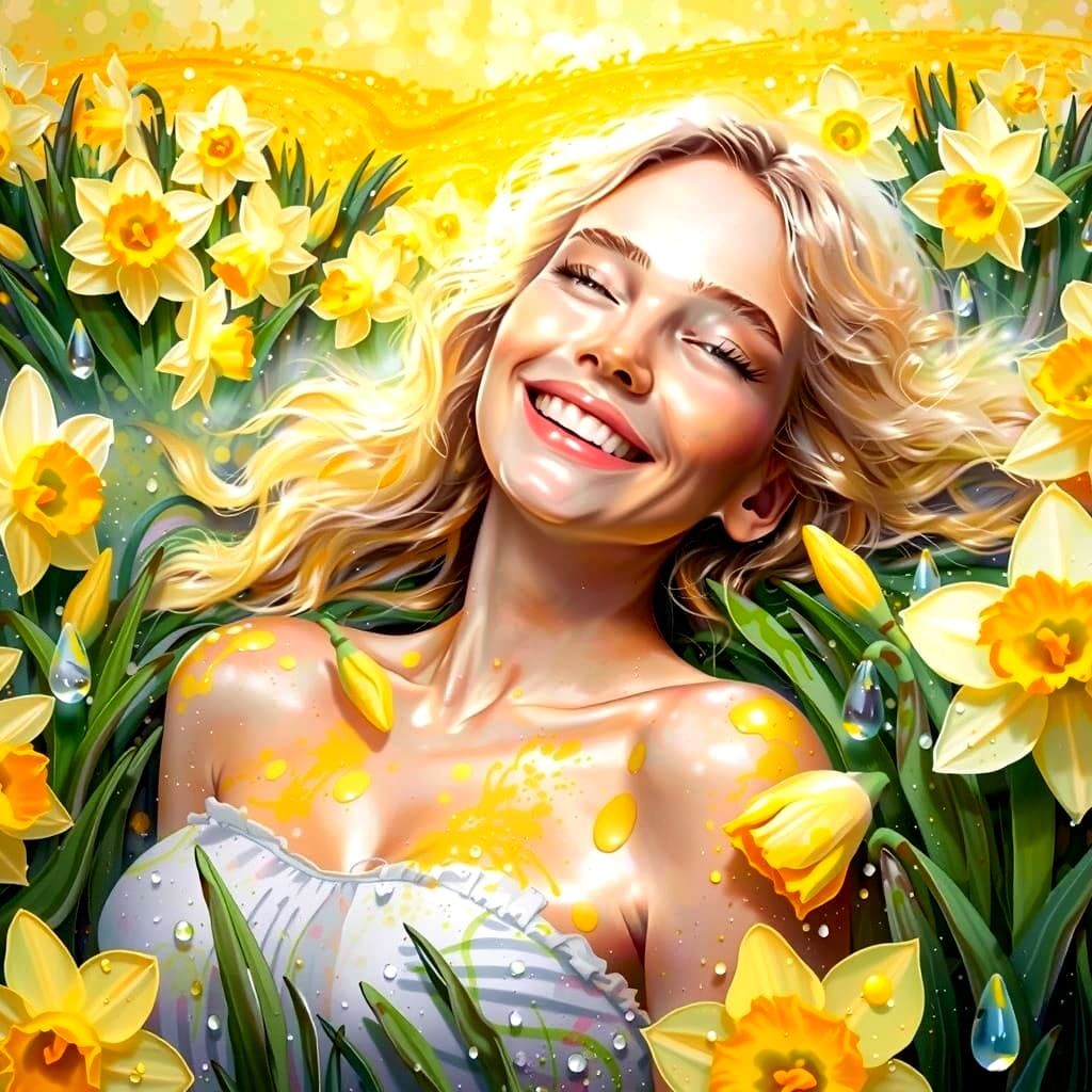 Whimsical Spring Meadow Blooms with Dreamy Woman