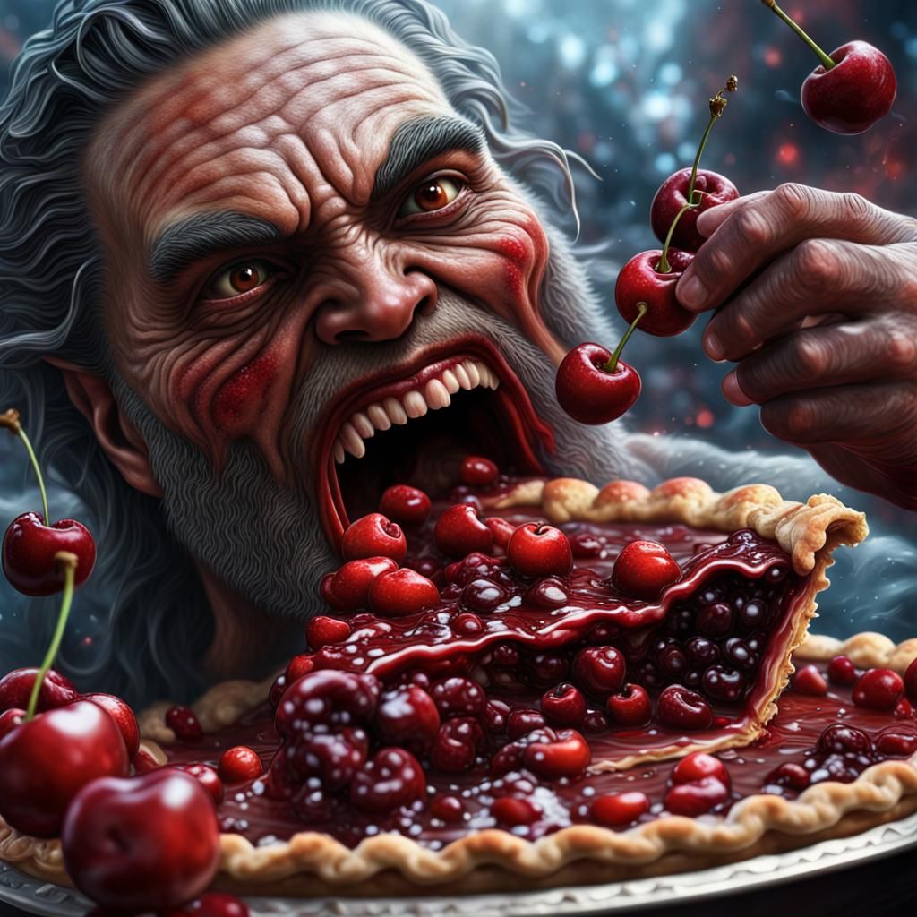 Hyperrealistic Demigod Eats Cherry Pie