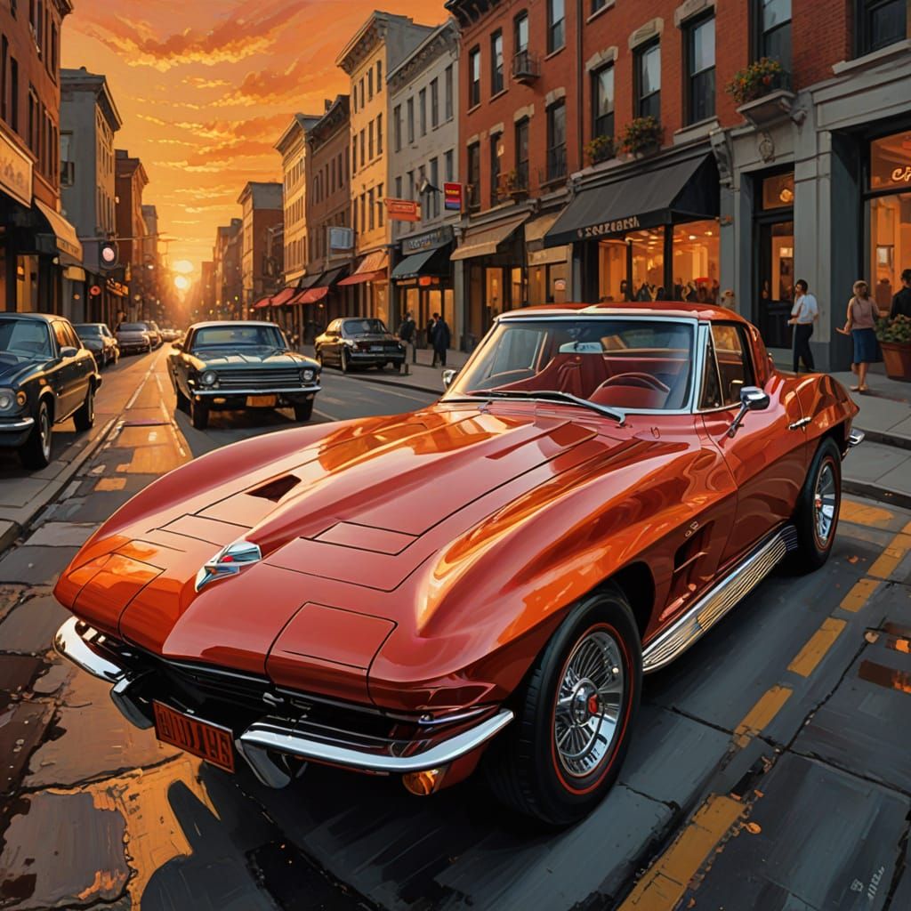 1964 Corvette Speeds Through Sunset Cityscape