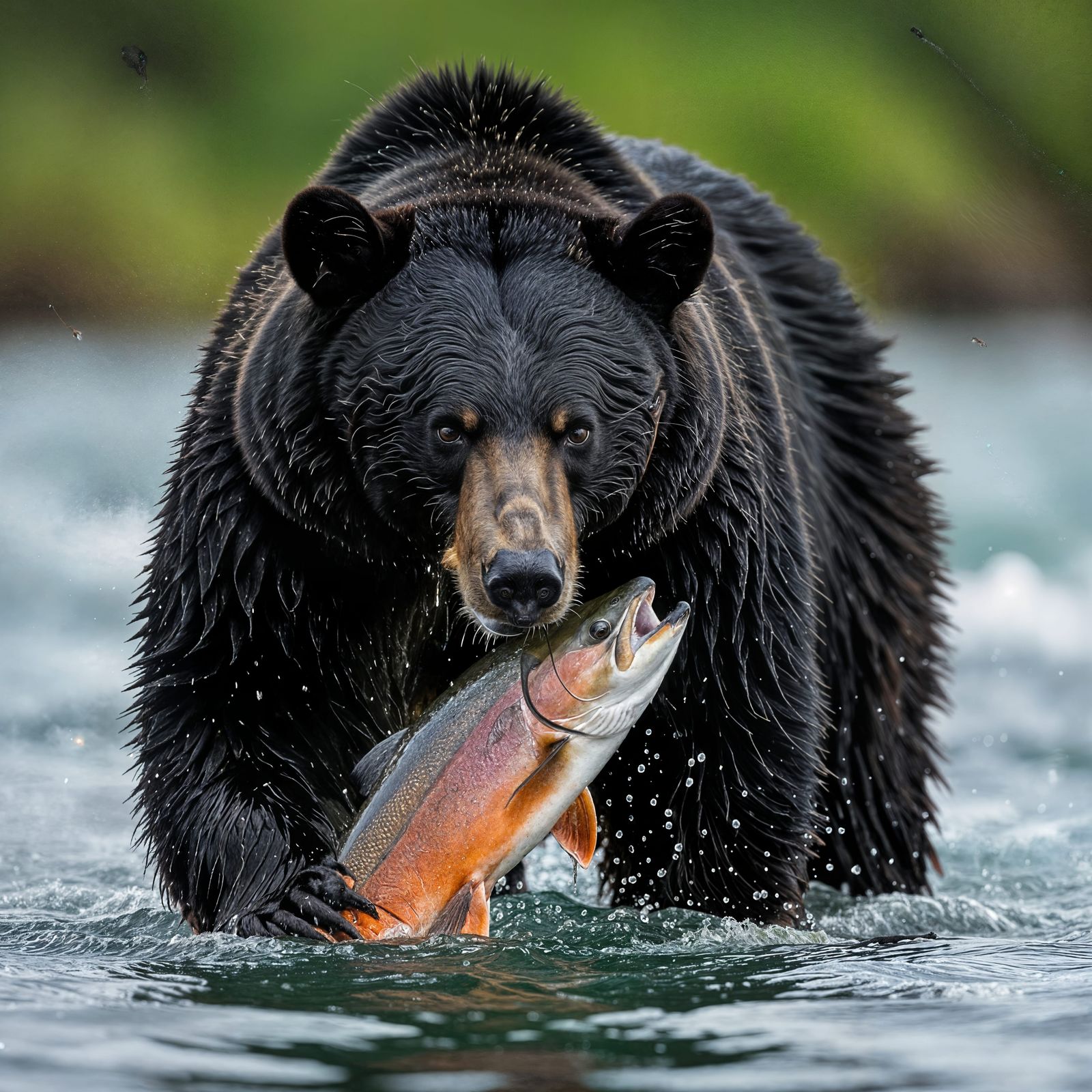 Alaskan Black Bear Catches Salmon: Photorealistic Wildlife