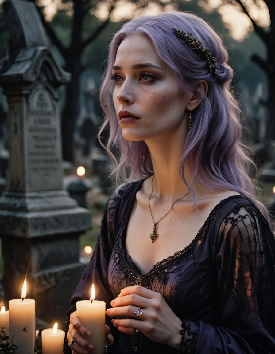 Woman with Lavender Hair at Candlelit Wake