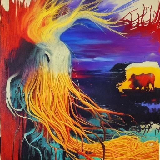 Surreal Girl in Alley with Wolves, Expressionist Painting