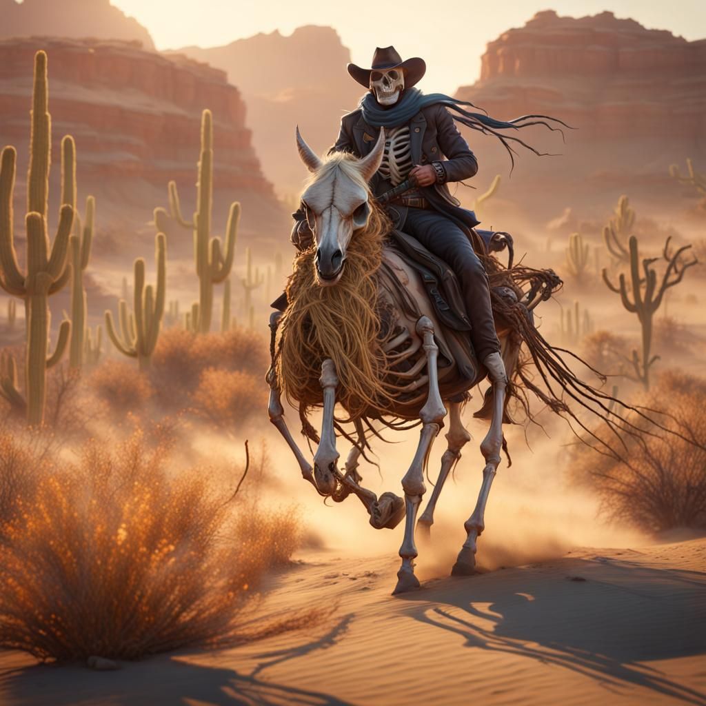 Skeleton Cowboy Rides in Desert Mirage Oasis
