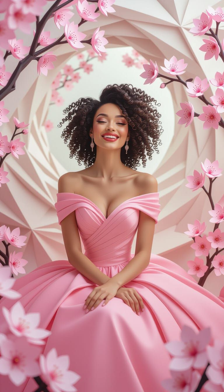 Elegant Woman in Pink Gown with Cherry Blossoms