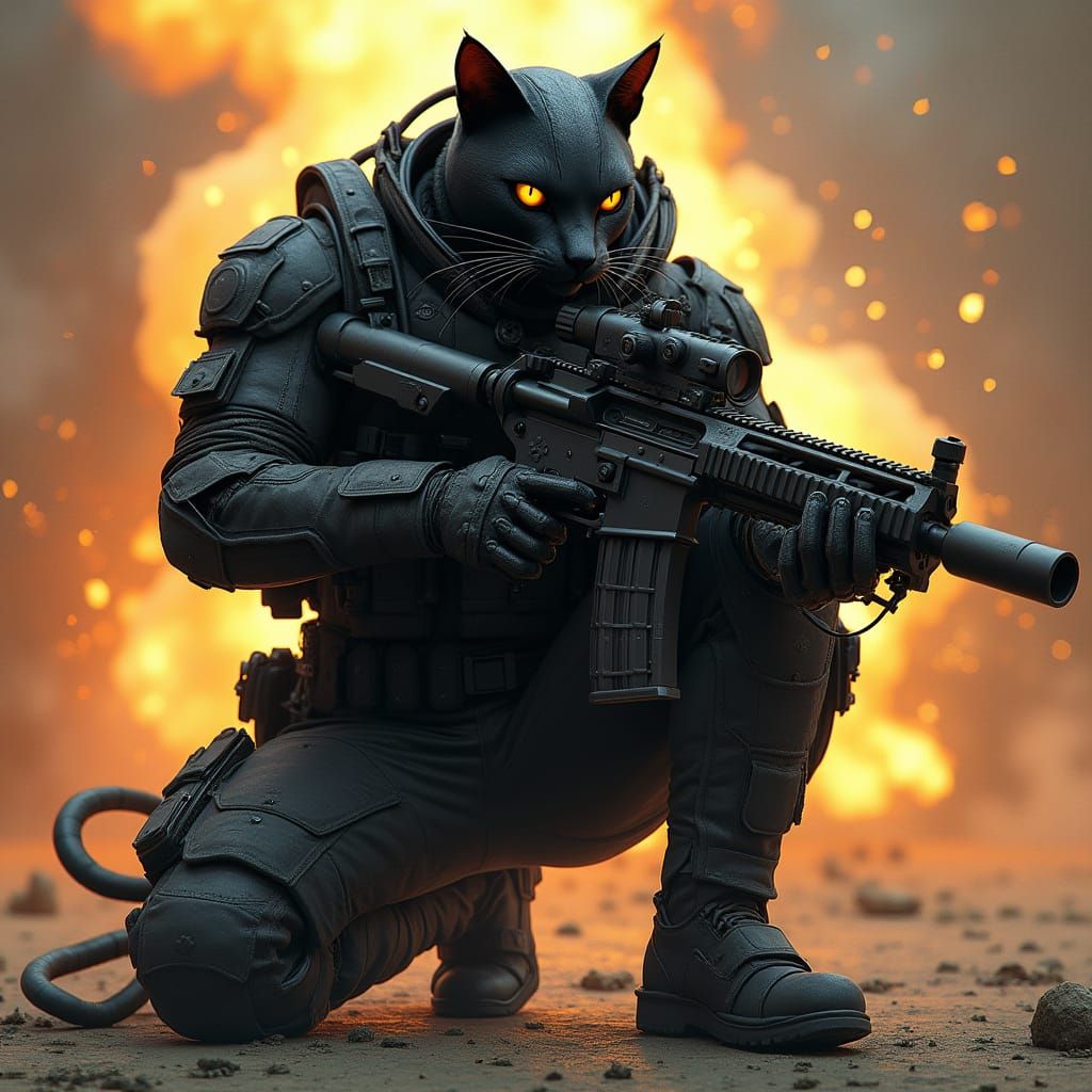 Cyborg Cat Soldier with Sharpshooter Gun in Smoky Chaos