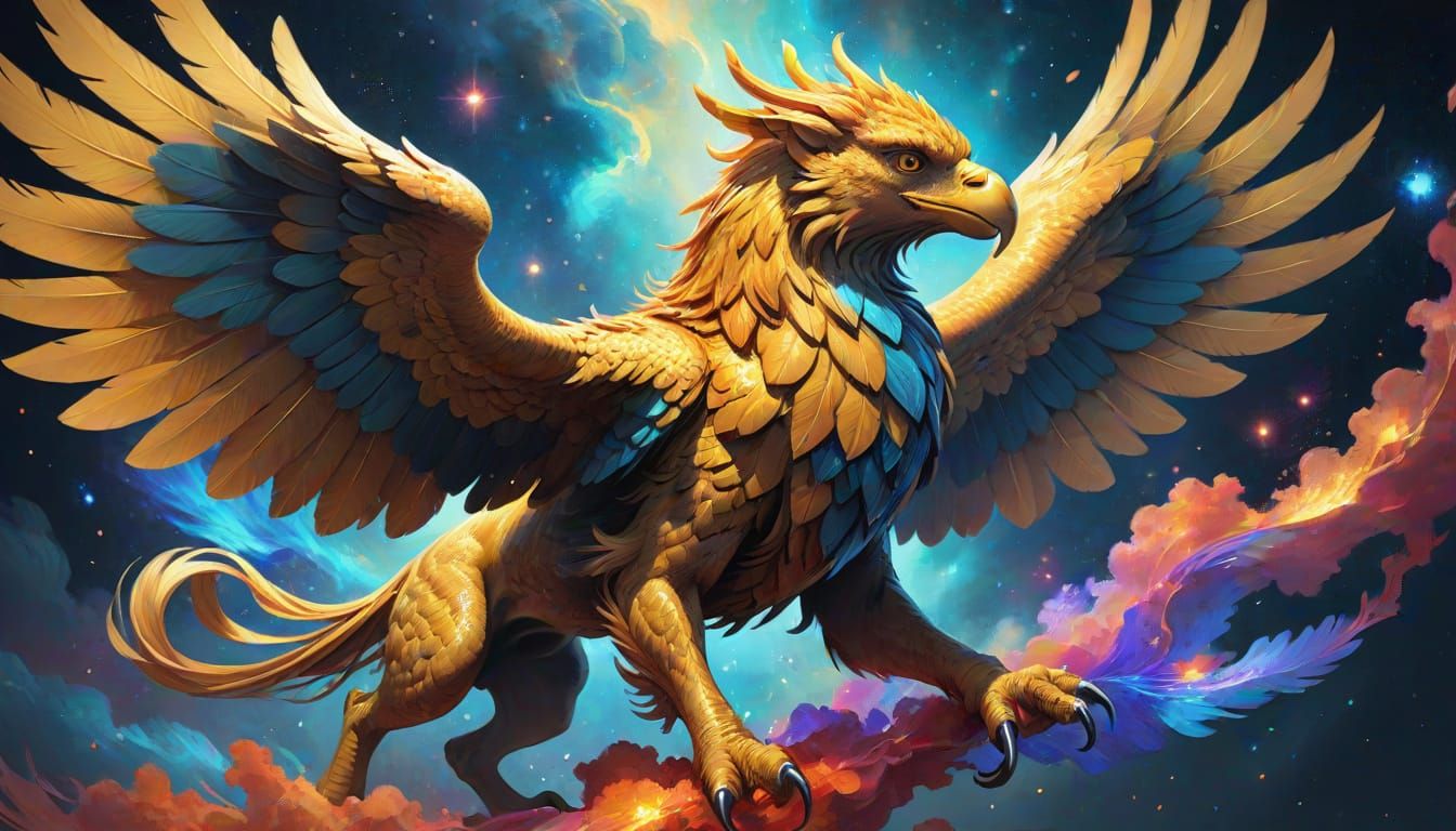 Golden Griffin Soaring Through Cosmic Nebula