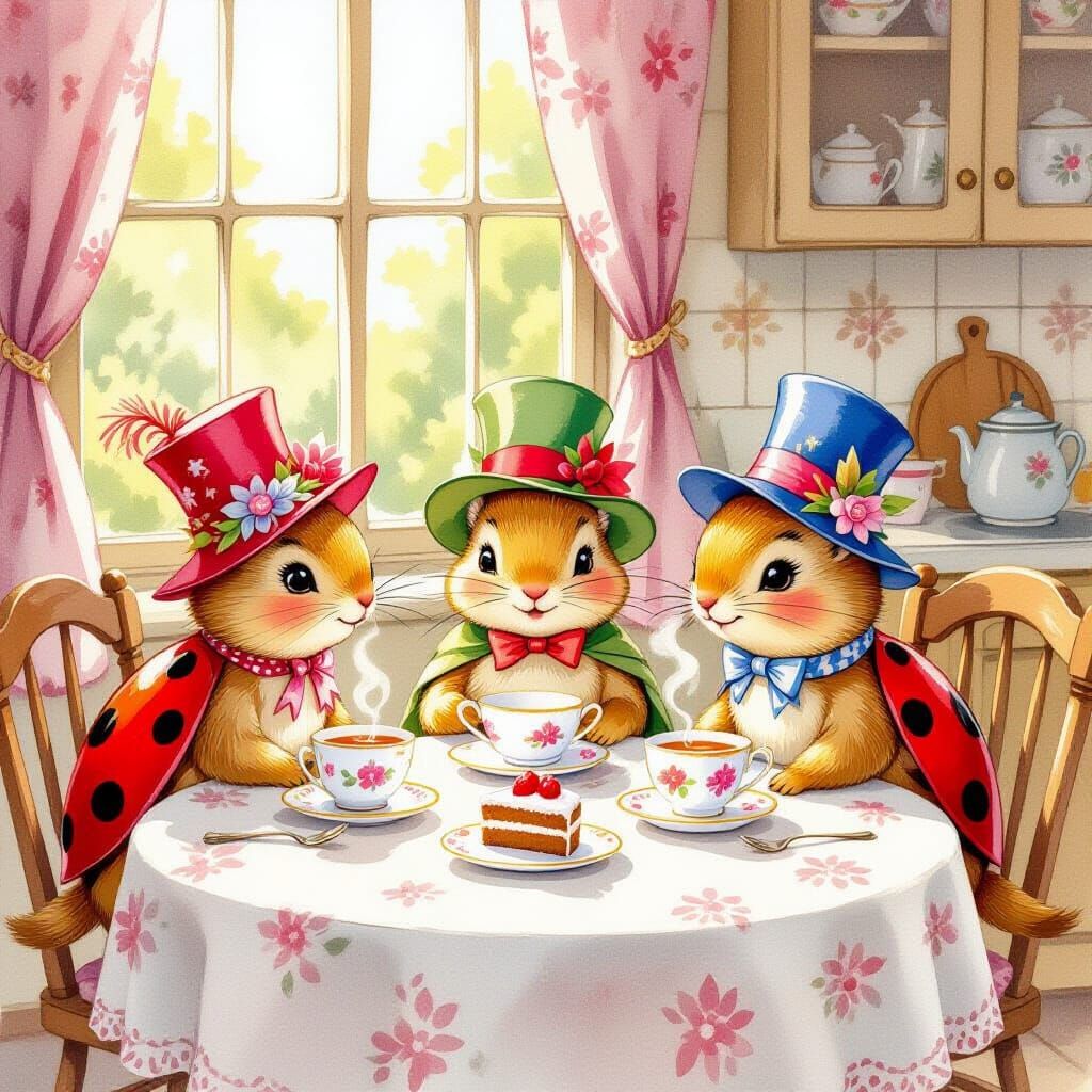 Ladybirds Enjoy Tea Party in Fancy Hats