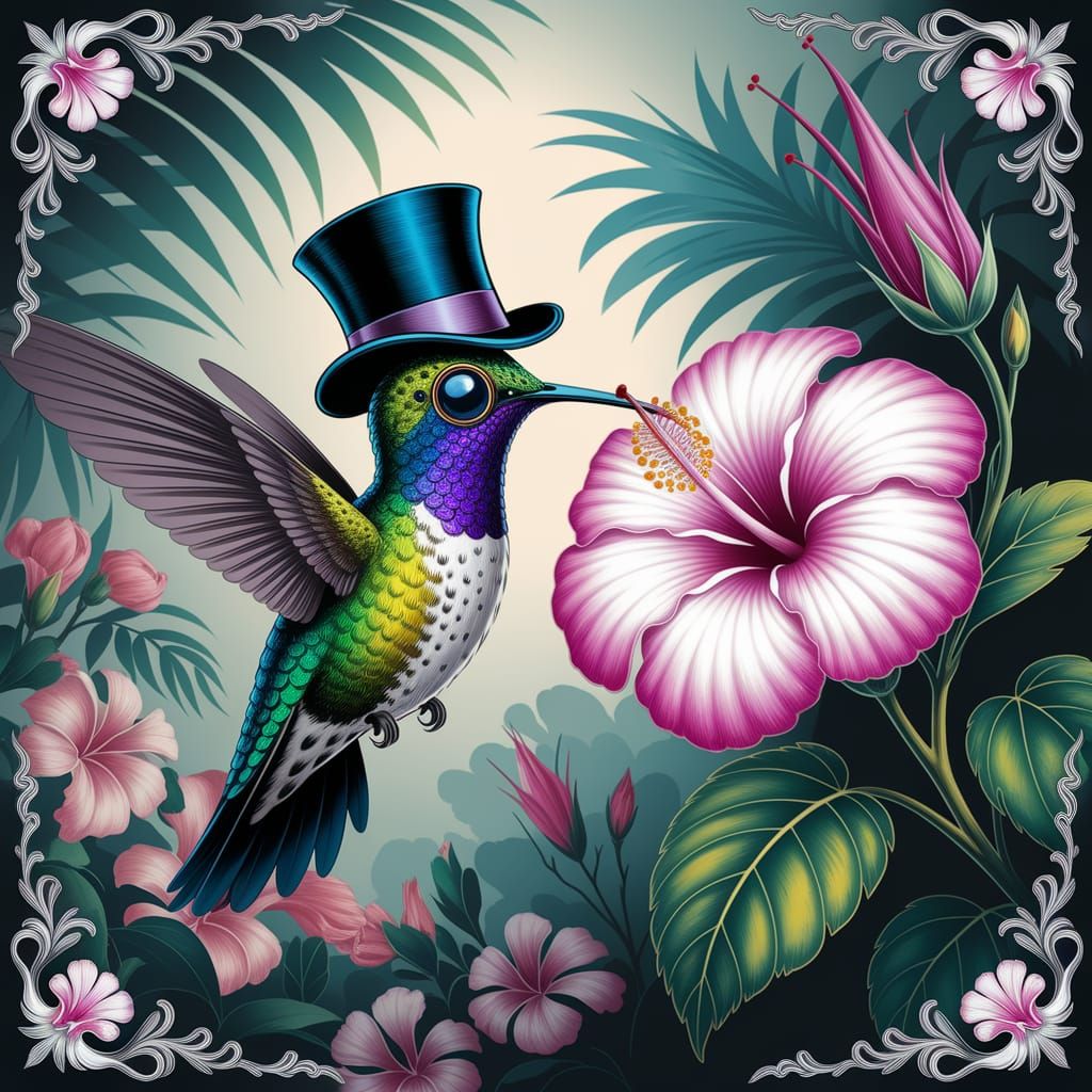 Vintage Hummingbird in Tropical Garden, Whimsical Botanical ...