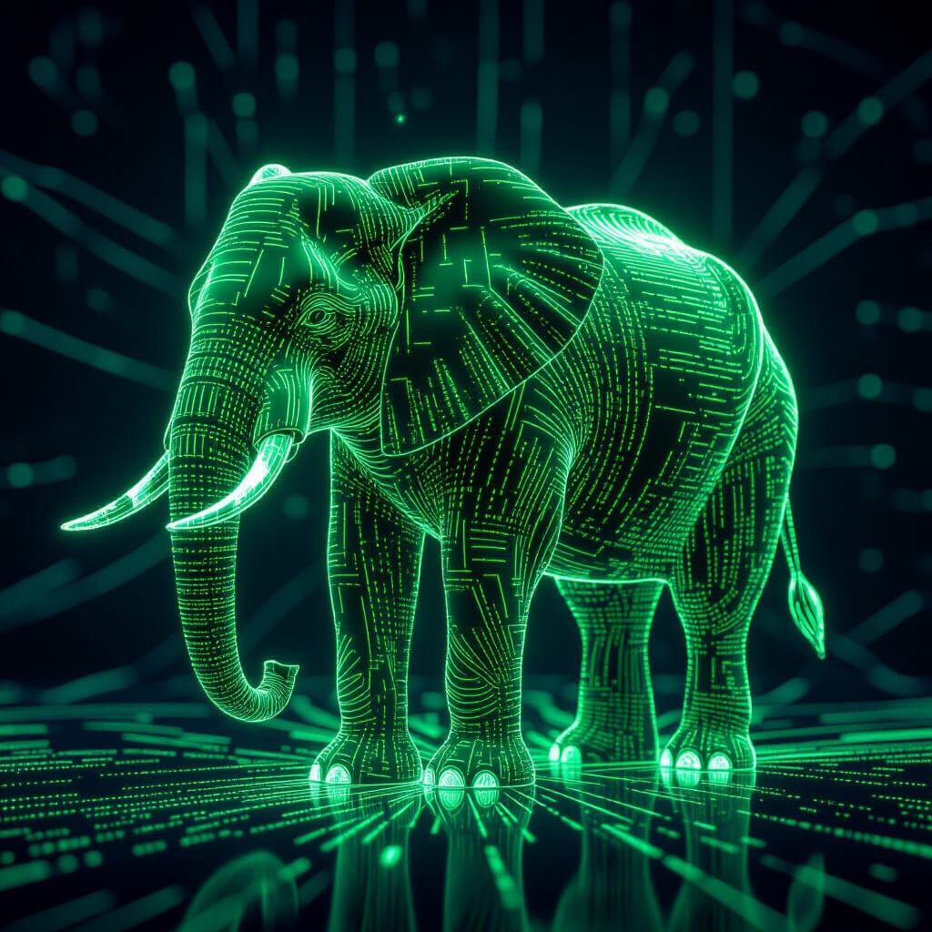 Majestic Elephant Formed From Scrolling Code
