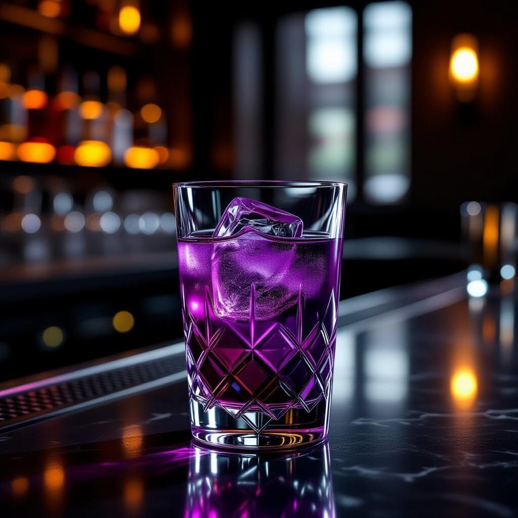 Clear Purple Cocktail on Modern Bar in Dramatic Light