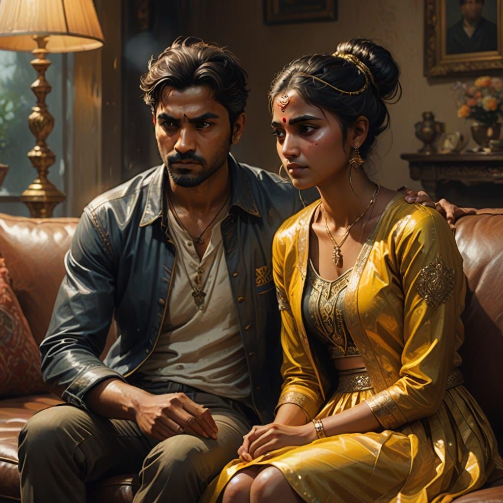 Upset Woman in Yellow Mini-Skirt on Sofa - Digital Painting