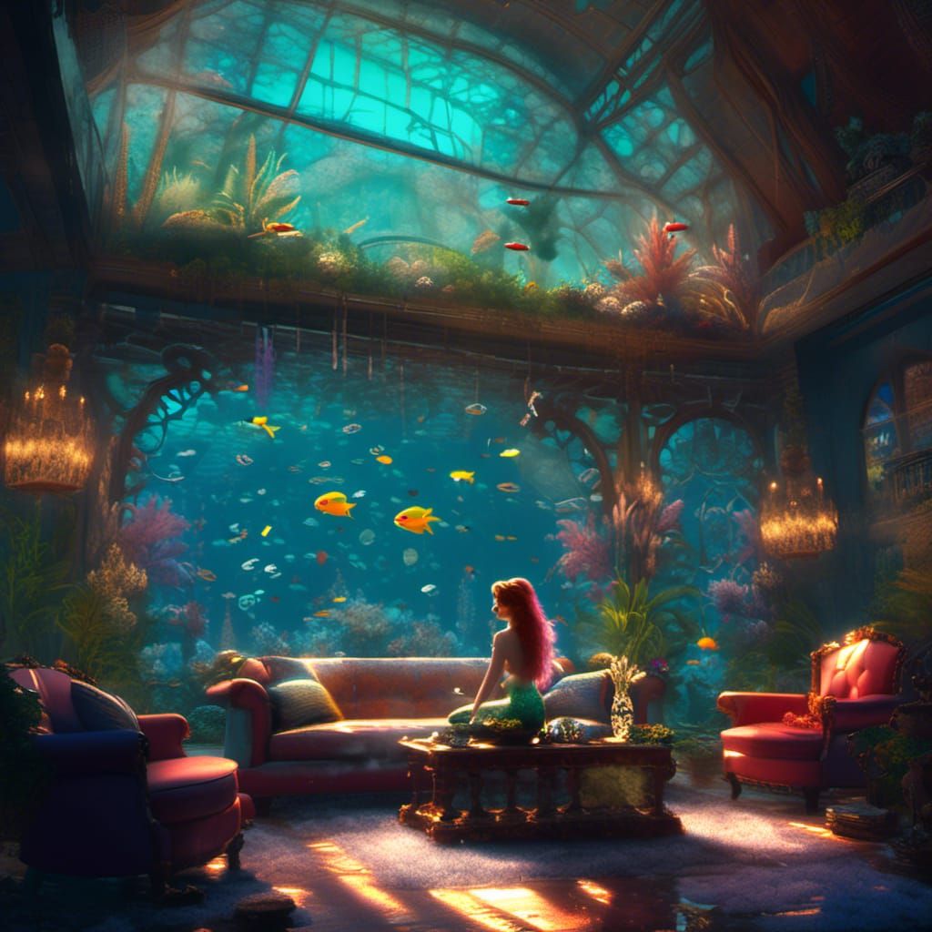 Mermaids in Aquarium: Art Nouveau Digital Art