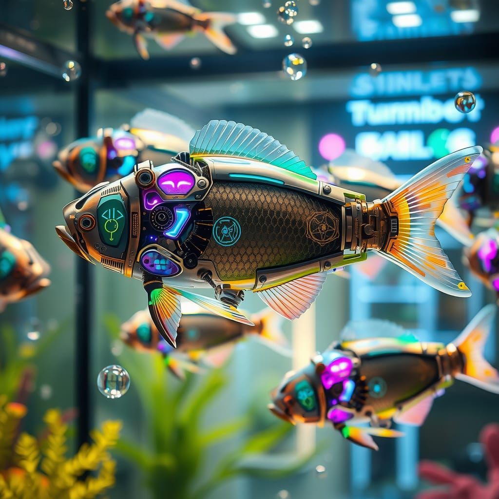 Cyberpunk Mechanized Fish in Futuristic Tank