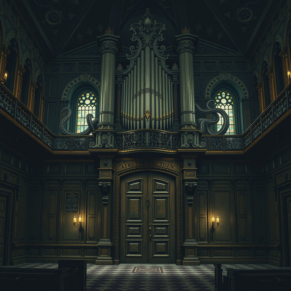 Ominous Synagogue with Gothic Organ in Dark Surrealism