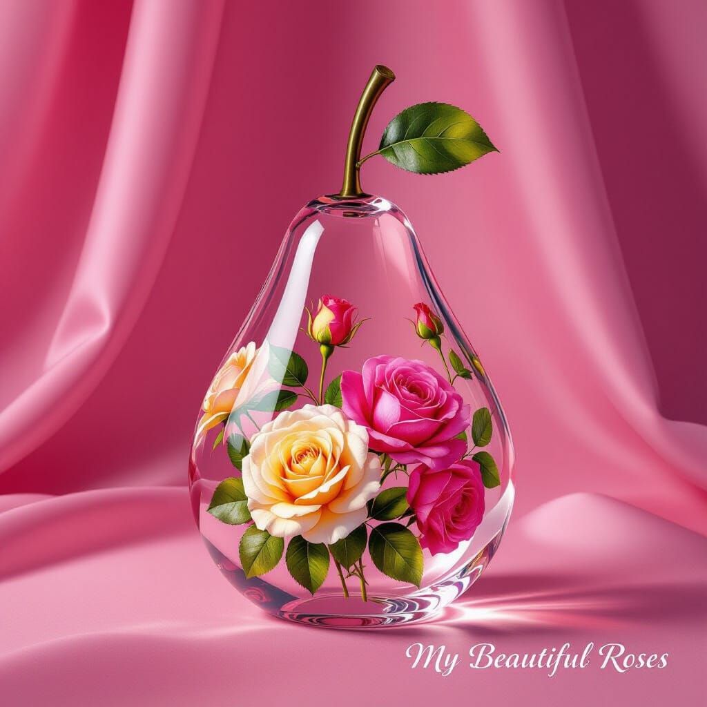 Glass Pear Sculpture with Floral Engravings