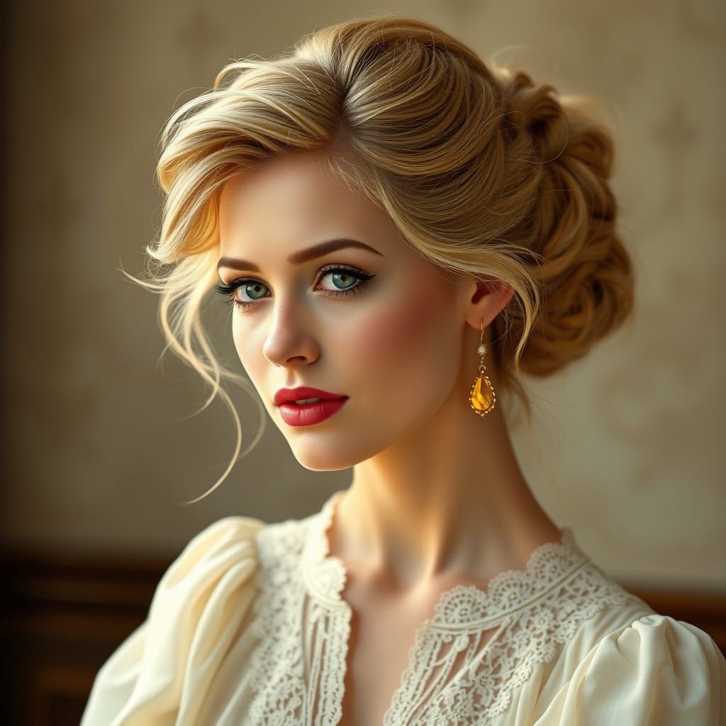 A romantic and elegant digital portrait created with acrylic and vivid oils of a beautiful woman with softly tousled blo...