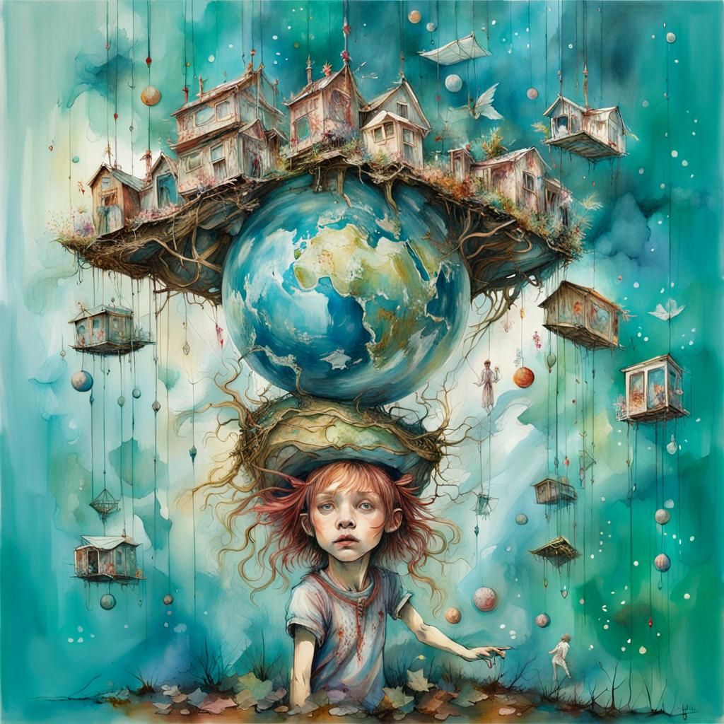 Surreal Upside-Down World with Suspended Elements