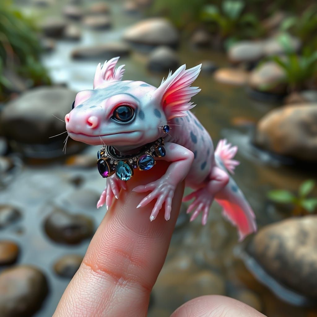 Whimsical Photorealistic Axolotl on a Fingertip