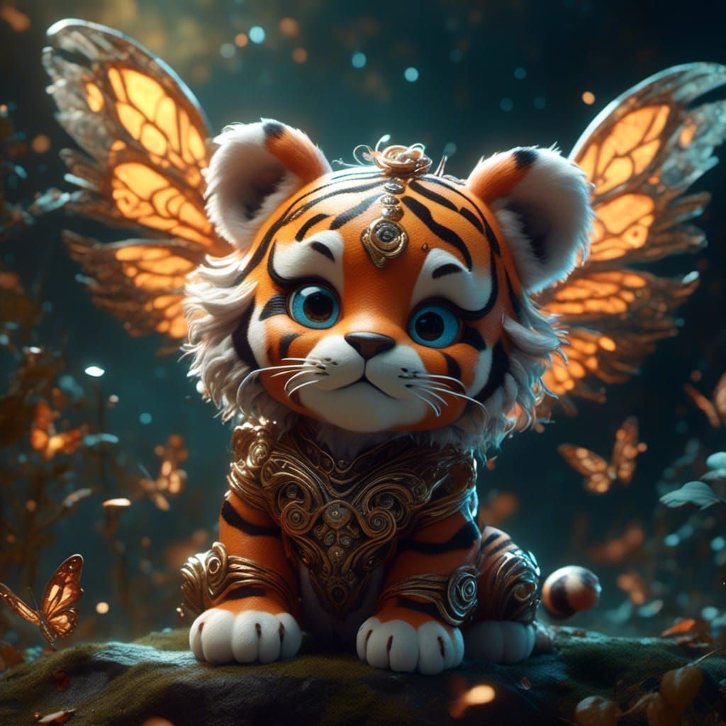Chibi Winged Tiger Cub in Fantasy Landscape