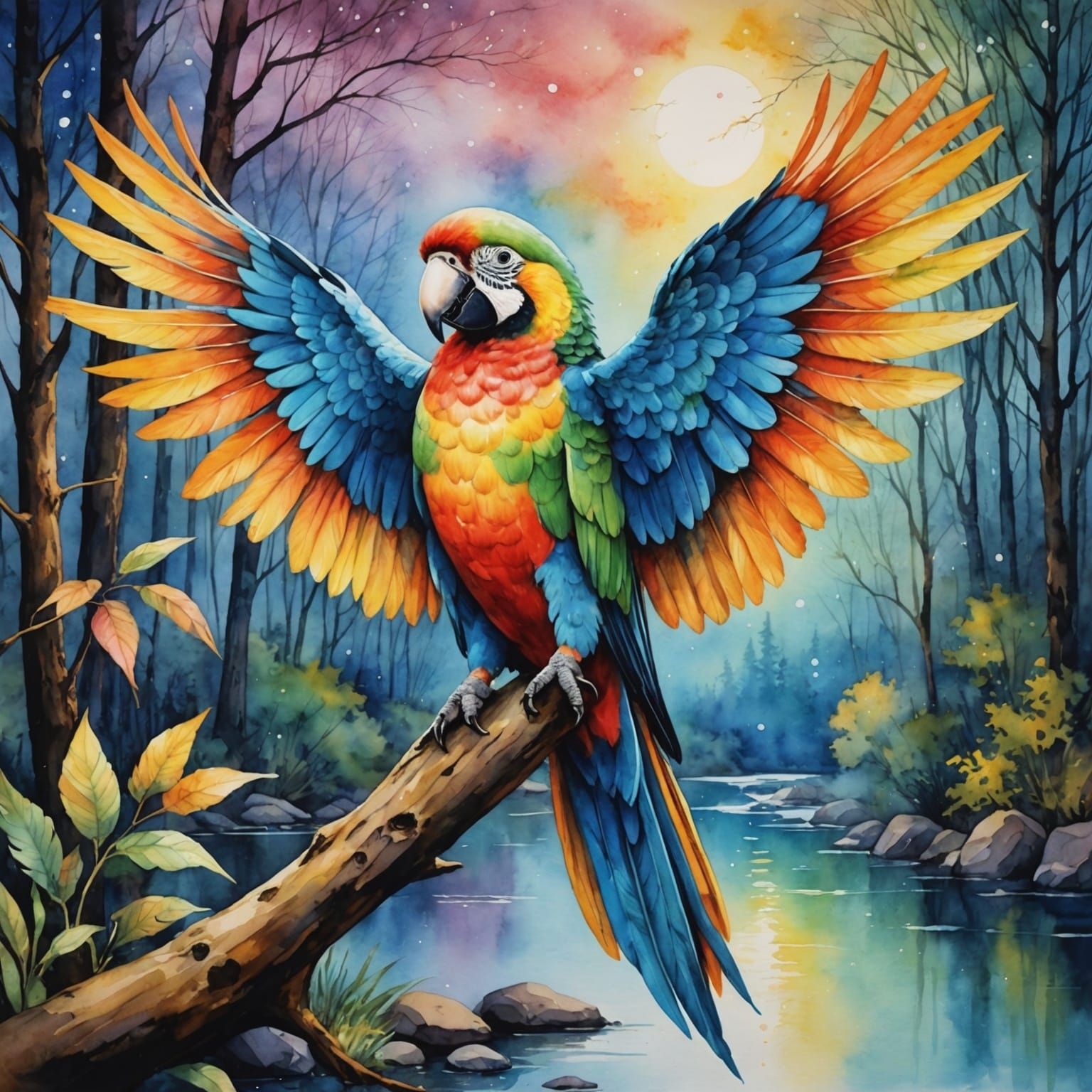 Goldenpunk Parrot in Dreamcore Forest: Watercolour Painting